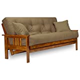 Stanford Futon Set - Full Size Futon Frame with Mattress Included (8 Inch Thick Mattress, Twill Khaki Color), More Colors & Larger Queen, Heavy Duty Wood, Popular Sofa Bed Choice